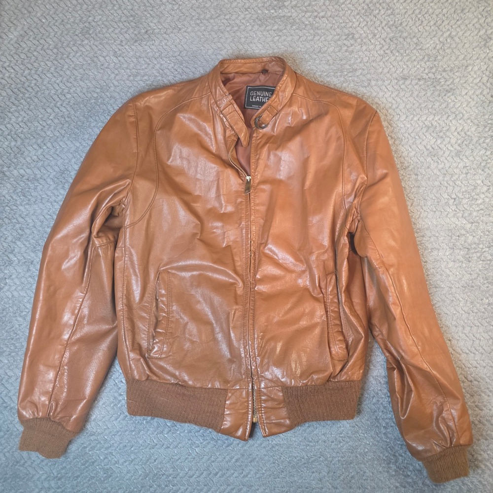 Mens Genuine Leather Brown Bomber Jacket 44 X-Tall Made In USA Cafe Racer